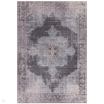 Washable Kaya Roya KY05 Traditional Persian Vintage Distressed Floral Durable Chenille Polyester Flatweave Blue/Black/Grey Rug-Asiatic Carpets-Rug Love - The Most Loved Rug Store